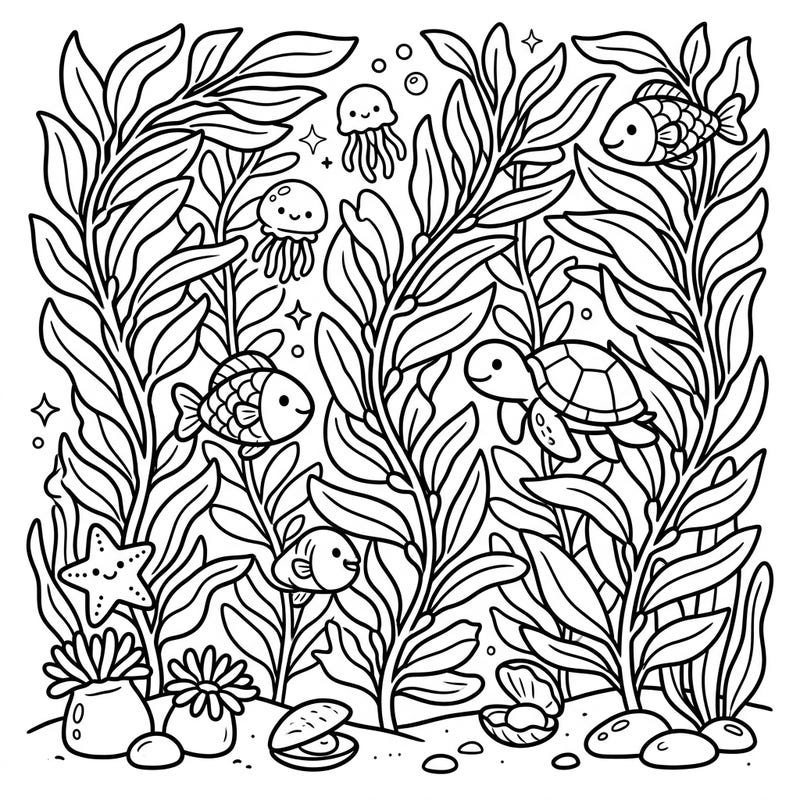Explore a delightful underwater world with this kelp forest coloring page, perfect for toddlers. Its ultra-thick lines and simple shapes make it ideal for developing motor skills while coloring adorable marine creatures.