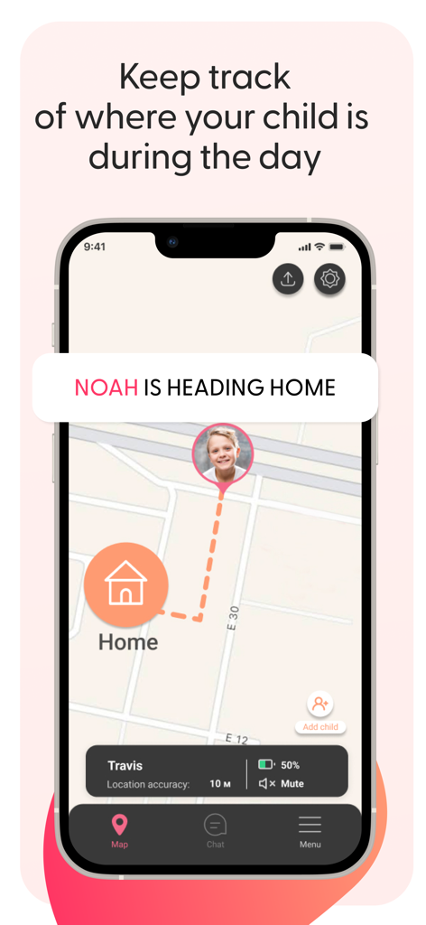 Kid Security app screen showing real-time GPS tracking of a child heading home on a map