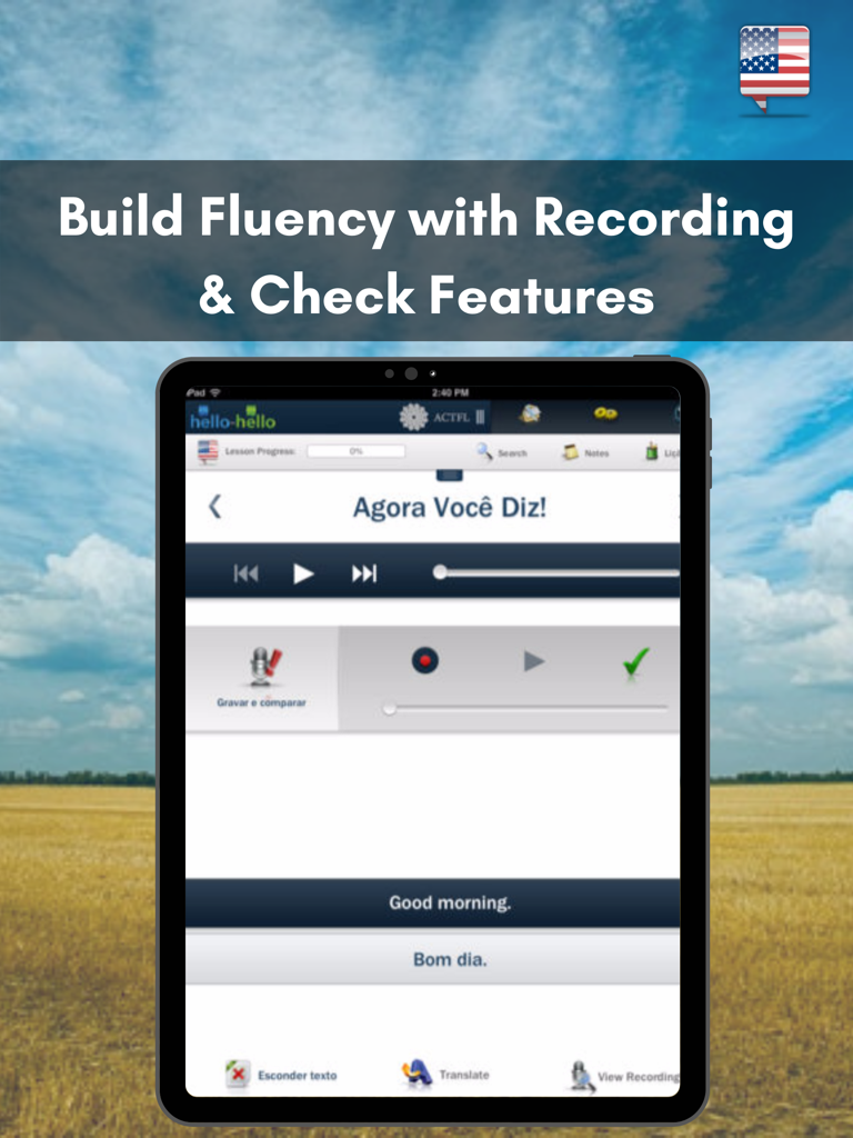 Learn English with Hello-Hello - Screenshot iPad dell'app Hello-Hello che mostra la funzione di registrazione e controllo per migliorare la fluidità in inglese