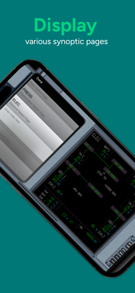 Acron A320 Cockpit Fam. - Écran mobile montrant la page synoptique du système électrique de l'Airbus A320 pour la formation des pilotes.