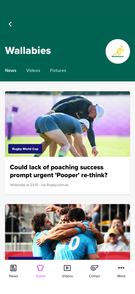 Screenshot of the Rugby Xplorer app displaying the Wallabies team news feed and latest articles.