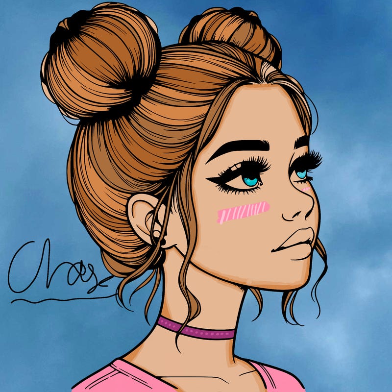 realistic girl with buns on the top of her head