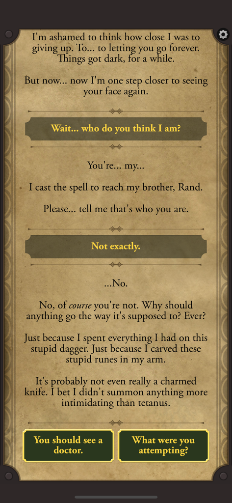 Lifeline: Bloodline - A text-based gameplay screen from Lifeline Bloodline showing a dialogue between the character Arika and the player with multiple choice response buttons.