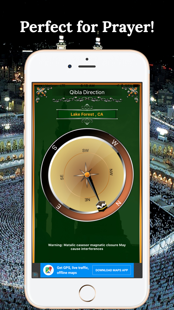 Un iPhone che mostra l'interfaccia dell'app Bussola Qibla puntata verso la Kaaba per la direzione della preghiera