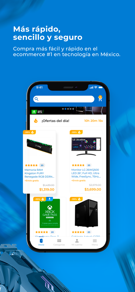 Cyberpuerta app interface displaying daily deals on technology products like computer hardware and monitors