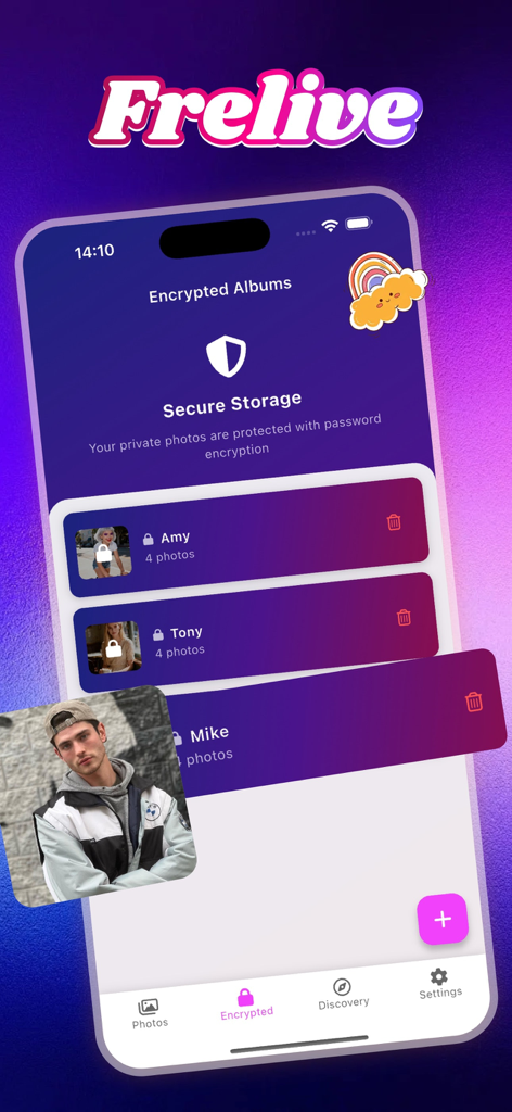 Interface of the Frelive app showing encrypted photo albums and secure storage features