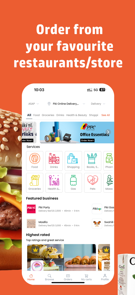Interfaz de la aplicación Piki que muestra categorías de servicios de entrega de alimentos, comestibles y compras