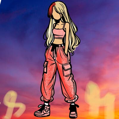 girl in baggy pants crop top and long hair