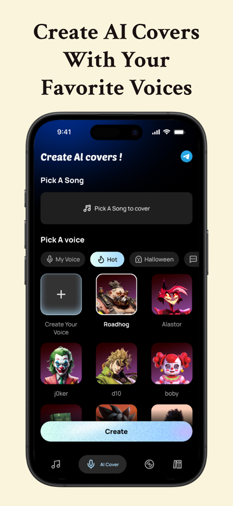 MusicLab: AI Song &Cover Maker - Interface of MusicLab app showing the creation of AI song covers using character voices