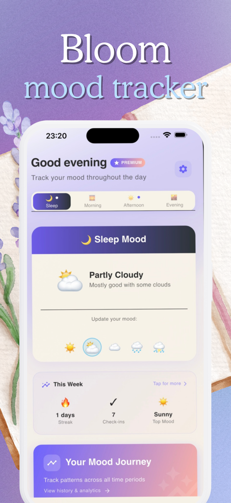 Bloom - Mood Tracker & Journal - Painel do rastreador de humor Bloom exibindo um registro de humor do sono com ícones de clima e estatísticas de progresso semanal.