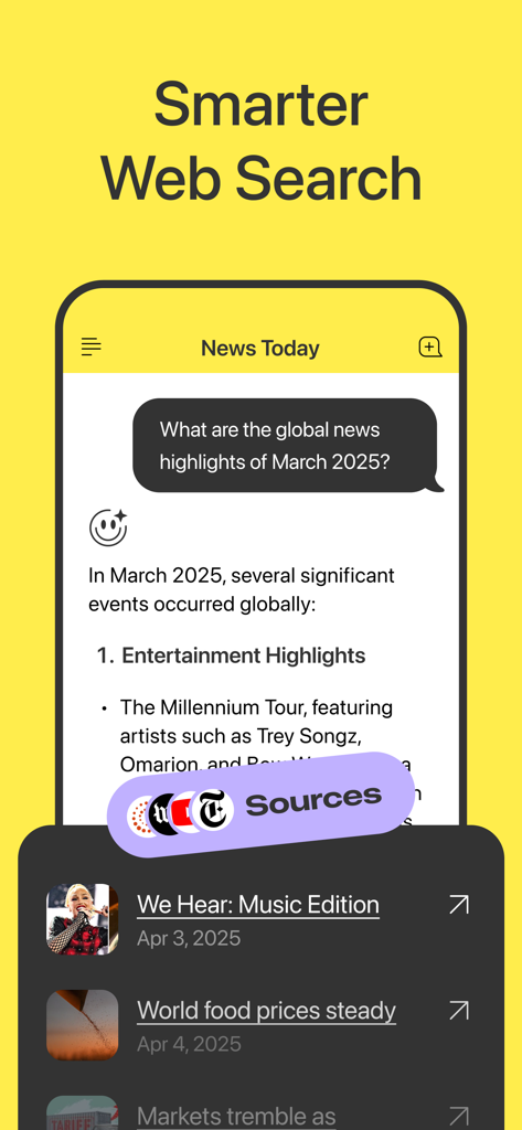 Yuna AI - Chatbot & Assistant - Yuna AI chatbot interface showing the smarter web search feature with news highlights and sources