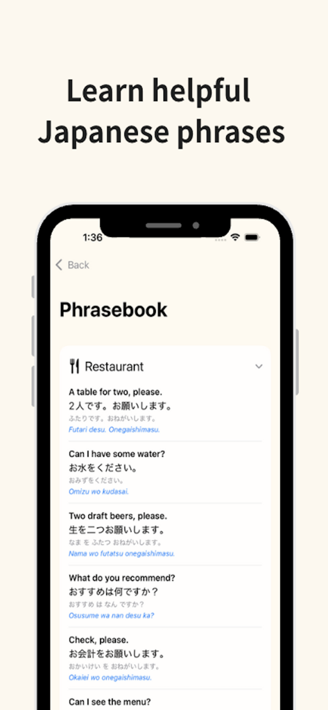 Una pantalla de aplicación móvil que muestra frases útiles para restaurantes japoneses con traducciones y romaji para viajeros.