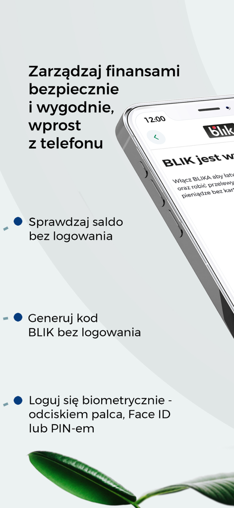 BOŚBank24 - BOŚBank24 mobile app interface highlighting biometric login and BLIK payment features
