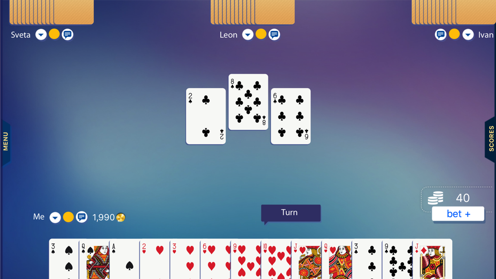 Hearts 24 - Online gameplay interface of Hearts 24 showing a hand of cards and four players