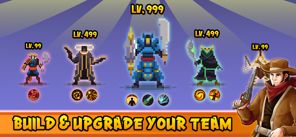 Dunidle: Auto Battler RPG Game - Cinque eroi pixel art a vari livelli nella schermata di gestione della squadra di Dunidle auto battler RPG