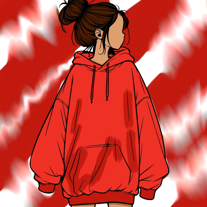 realistic girl with a oversized sweatshirt on and a bun