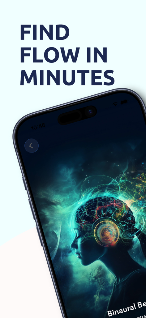 Una pantalla de smartphone que muestra una visualización de ondas cerebrales y el texto Encuentra el Flujo en Minutos para la aplicación de ritmos binaurales Ondas Theta
