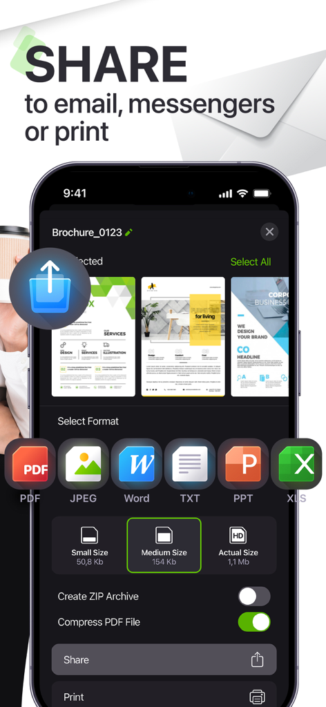 My Scanner: Scan to PDF & Edit - Interface de l'application mobile montrant les options de partage de documents et la sélection de formats de fichiers, y compris PDF, Word et JPEG