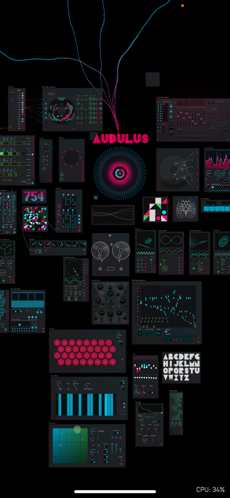 Audulus 4 - Interface of Audulus 4 showing a modular synthesizer patch with various modules and virtual cables
