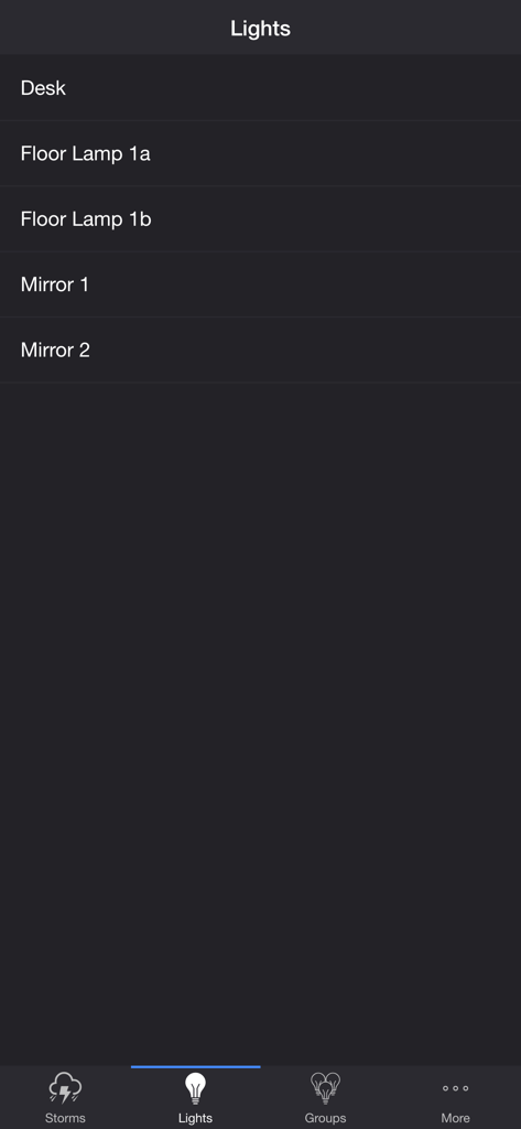 A screenshot of the Lights tab in the Thunderstorm for LIFX app showing a list of connected smart bulbs like Desk and Floor Lamp.