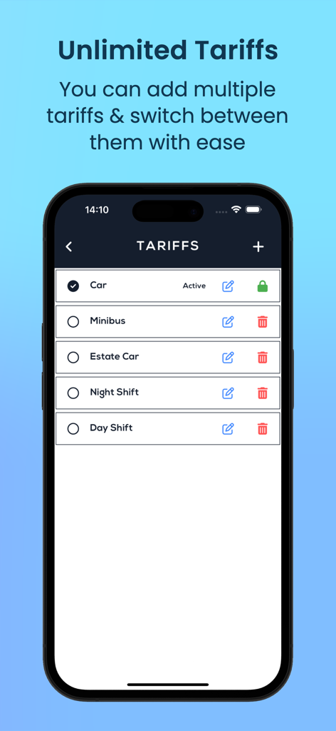 Screenshot dell'app Best Taxi Meter che mostra un elenco di tariffe personalizzabili per auto, minibus e diversi turni