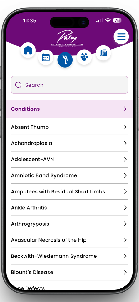 The Paley Orthopedic & Spine - Captura de pantalla de la aplicación móvil The Paley Orthopedic and Spine que muestra una lista consultable de condiciones médicas como Acondroplasia y Artritis de Tobillo.