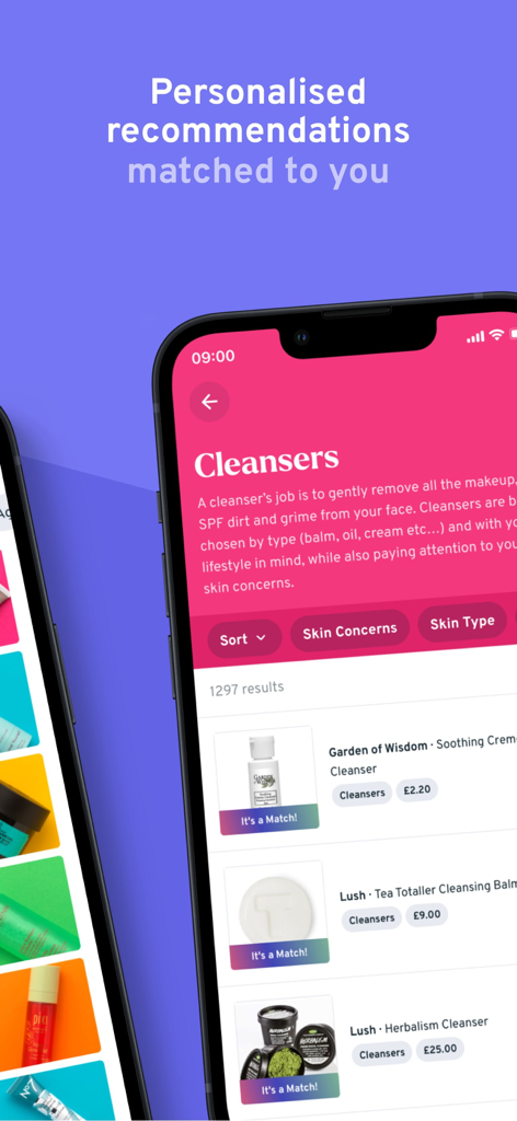 Skin Rocks - Skin Rocks app interface displaying personalized cleanser recommendations and product matches