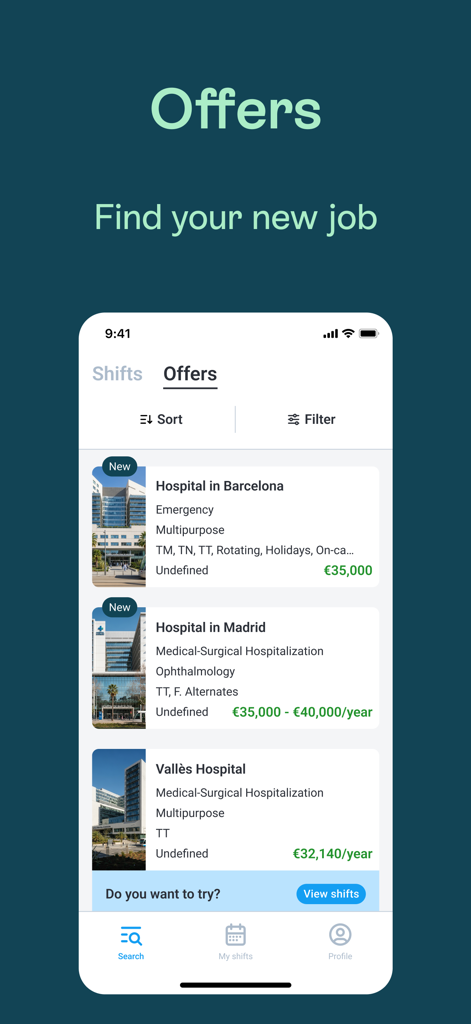 Pantalla de la app Livo que muestra ofertas de empleo disponibles en el sector salud en hospitales con rangos salariales.