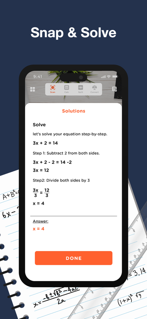 The Math Solver App & Helper - Math solver app interface showing a step by step algebra equation solution