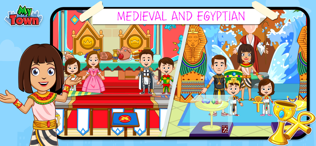 My Town : Museum History - 中世の城と古代エジプトの博物館の展示が、インタラクティブなキャラクターと共に画面分割で表示されています。