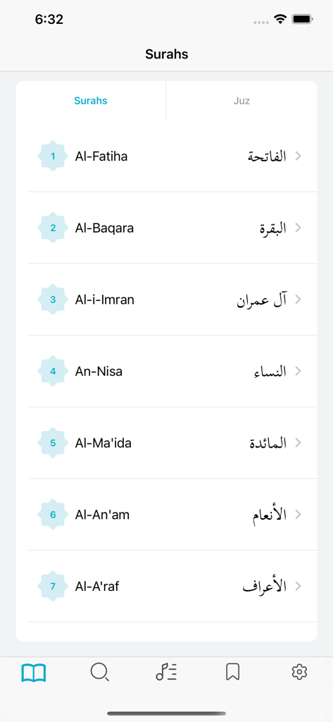 Quran-Kareem app interface displaying a list of Quran chapters with English and Arabic titles