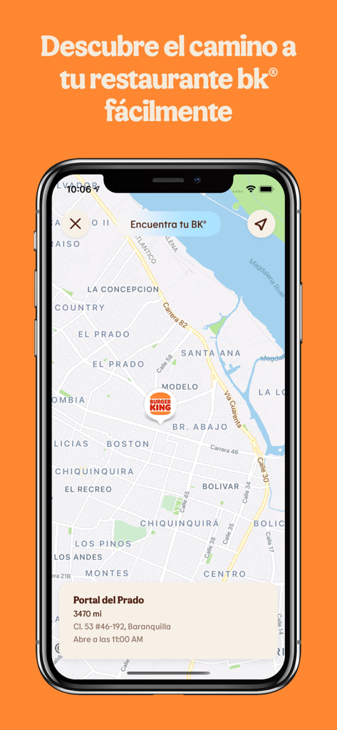 Burger King® Colombia - Funktion des Burger King Kolumbien App Restaurant-Finders, die eine Karte mit einer Markierung an einem Standort in Barranquilla anzeigt.