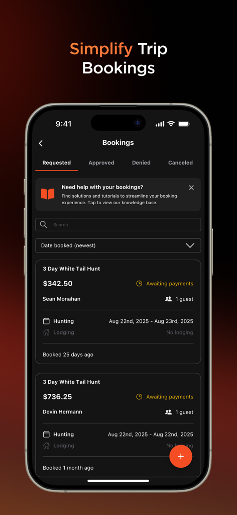 Mallard Bay For Guides app dashboard showing a list of requested hunting trip bookings and payment status