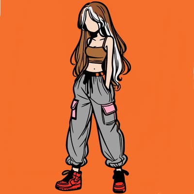 girl in baggy pants crop top and long hair
