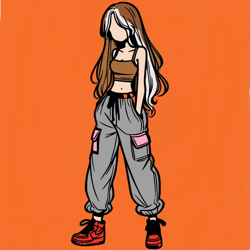 girl in baggy pants crop top and long hair