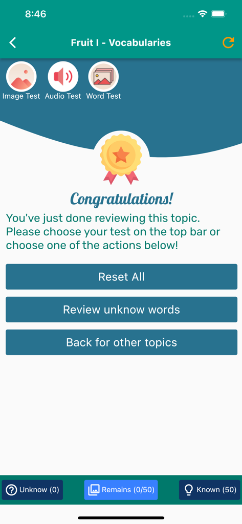 English Vocabulary in Use - Congratulations screen after finishing an English vocabulary lesson on fruits with options to reset or review words.
