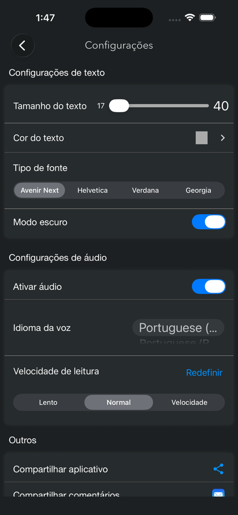 Bíblia Sagrada em Português - Menu de configurações do aplicativo Bíblia Sagrada em Português exibindo opções de tamanho de texto, estilo de fonte, modo escuro e preferências de áudio.