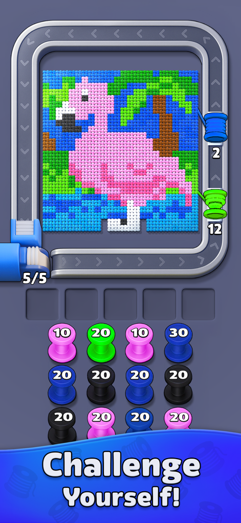 Yarn Flow - A colorful flamingo yarn puzzle in the Yarn Flow game with bobbins on a conveyor belt and a challenge yourself message.