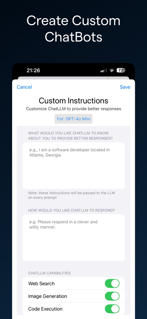 ChatLLM: AI Assistant & Chat - Interfaz para establecer instrucciones personalizadas y capacidades de IA para un chatbot en la aplicación ChatLLM.