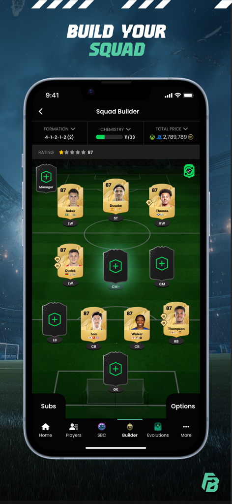 FUTBIN FC 26 Squad Builder feature showing team formation and player cards