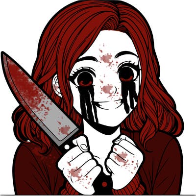 a realistic girl holding a knife and grinning