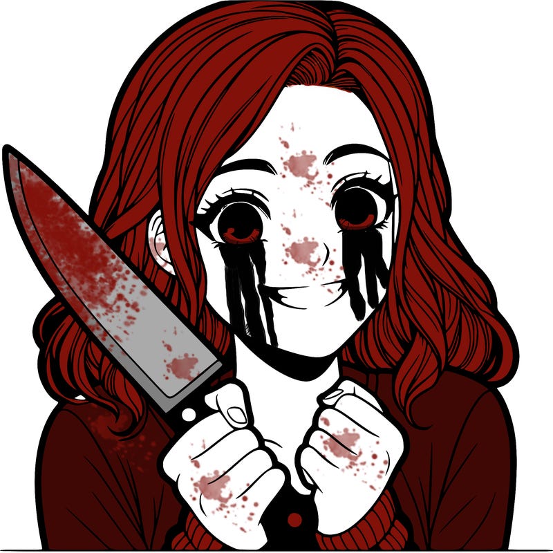 a realistic girl holding a knife and grinning