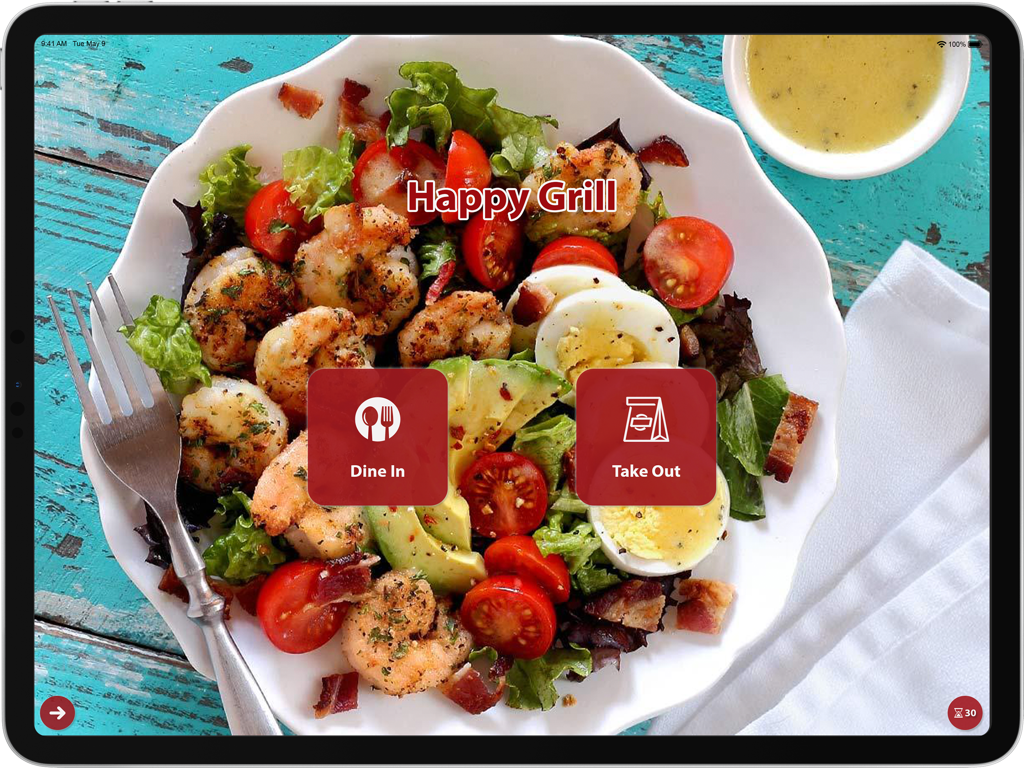 Aldelo Restaurant Kiosk-Willkommensbildschirm mit Bestelloptionen für "Dine In" und "Take Out"