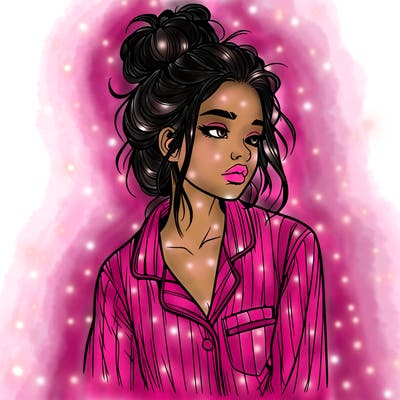 realistic woman with pajamas on and a messy bun