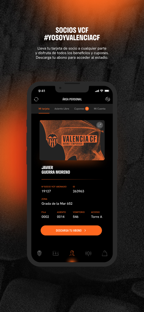 Valencia CF official app personal area screen showing a digital season ticket with member and stadium seating information