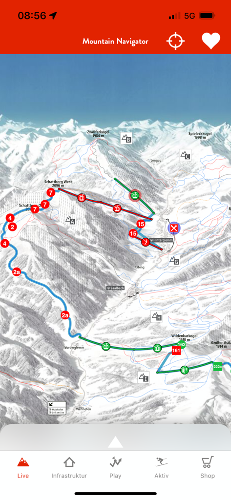 Saalbach Hinterglemm - Saalbach Hinterglemm app Mountain Navigator showing a 3D ski resort map with lifts and slopes