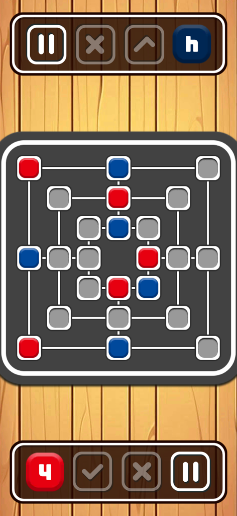 TableTop BoardGame - Interfaz digital del juego de mesa Nueve Hombres Morris con piezas rojas y azules sobre un fondo de madera.
