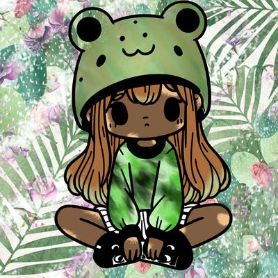 a girl wearing a frog hat and some frog socks