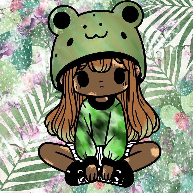 a girl wearing a frog hat and some frog socks