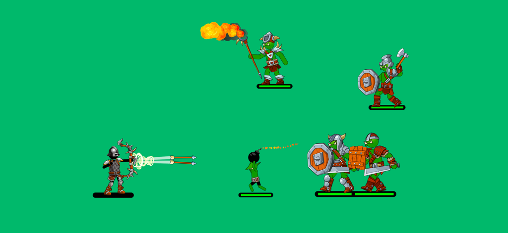 A stickman archer firing arrows at several green stickman enemies equipped with shields, swords, and magic staves.